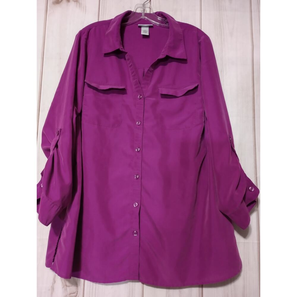 Catherines Purple Roll Tab Button Down Blouse Top 0X 14/16W Modal Blend